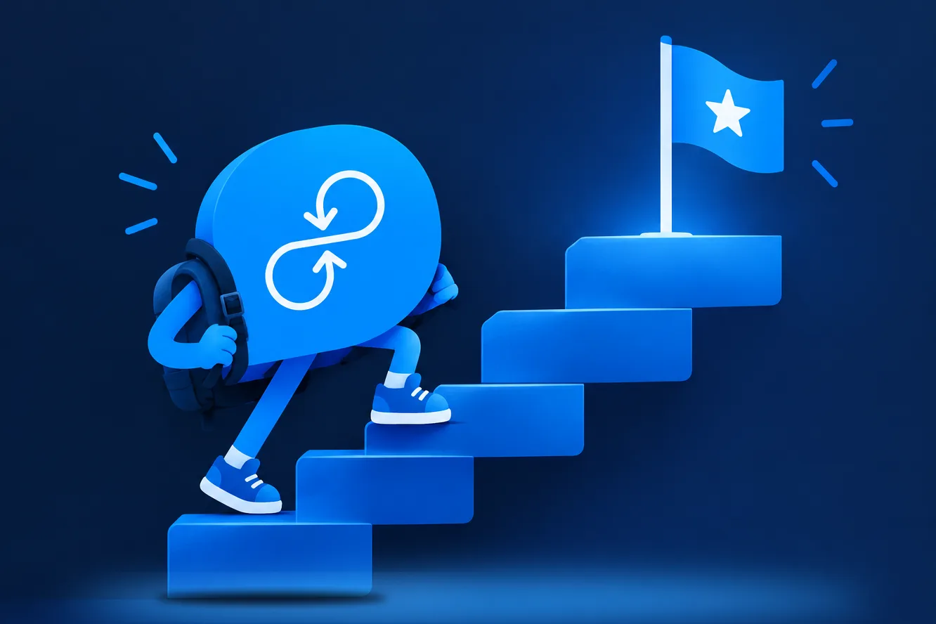 The Pio mascot carrying a backpack up a staircase towards a flag with a star at the top.